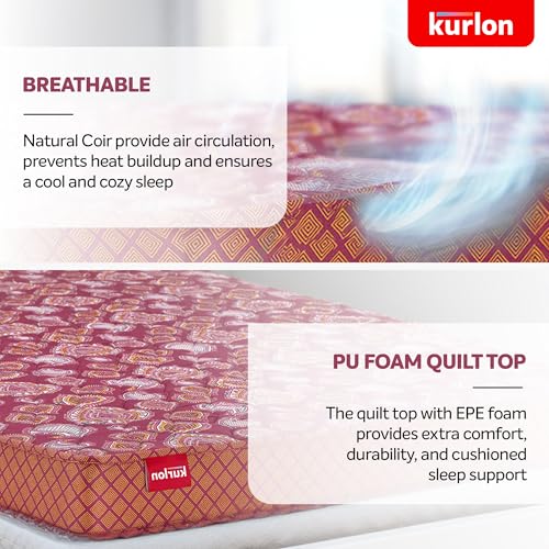 Image of Kurlon Natural Coir Pad Mattress | Rubberized Coir | Breathable Fabric |Medium Firm Support| Natural Cooling | PU Foam Quilting | Premium Finish | Double Size | 72x48x5 | 2 Yrs Warranty