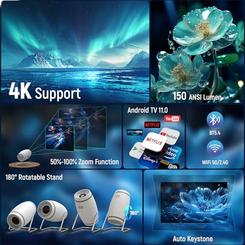 Mini Projector, 4K Support Portable Projector with WiFi 6 and Bluetooth, Auto Keystone 130'' Screen 180° Rotatable Smart Cinema Projector for Home Bedroom Outdoor - Image 3
