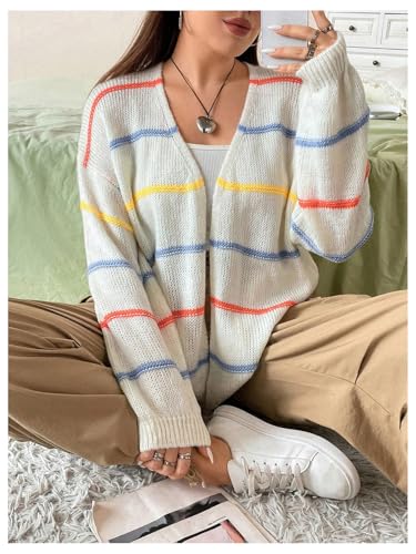 Image of Verdusa Women's Plus Size Striped Long Sleeve Open Front Loose Knitted Cardigan Sweater Beige Multi 1XL