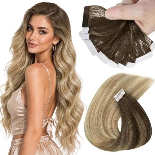 Image of Sunny Hair Tape in Extensions Dark Brown Balayage Blonde