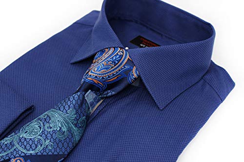Christopher Tanner Men's Solid Square Pattern Regular Fit French Cuffs Dress Shirts with Tie Hanky Cufflinks Combo, Navy, 18.5" Neck, 34"-35" Sleeve - Thumbnail 2