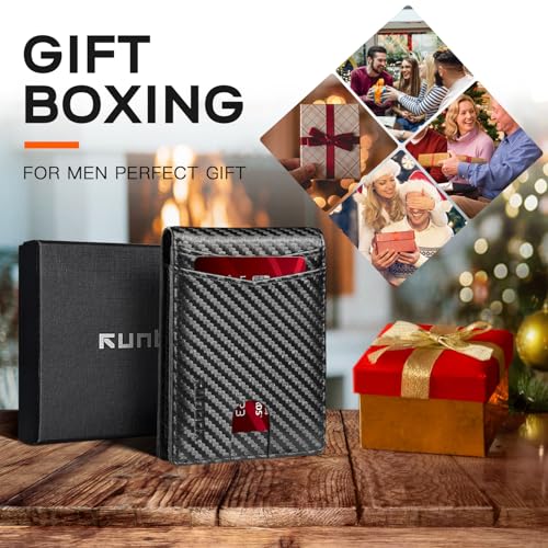 Image of RUNBOX Wallet for Men Slim Leather Bifold RFID Blocking Minimalist Front Pocket Design with Gift Box | Minimalist Front Pocket Design, Holds 8 Cards, RFID Protection, Gifts for Men on Birthdays, Father's Day, and Christmas