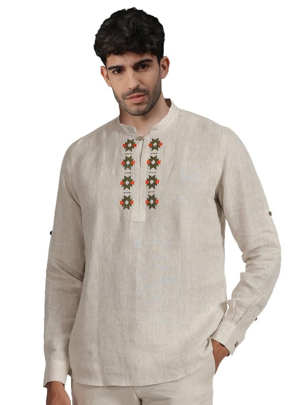 Be Active Men's Neck Embroidery 100% Cotton Short Kurta With Mandarin Collar || Short Kurta For Men Cotton || Stylish Short Kurta || Short Kurta Men (Scpl0181 S)