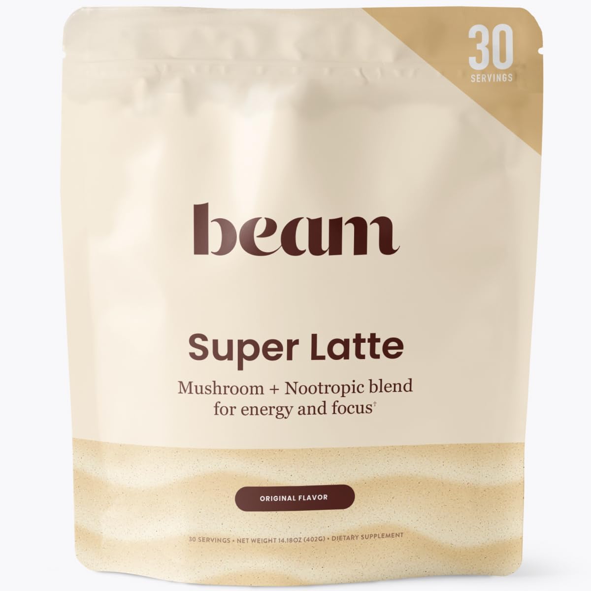 Beam Super Latte, Mushroom Coffee, Coffee Alternative, Instant Coffee with Cordyceps, Lions Mane Powder, Turkey Tail Mushroom, Huperzine A, Phosphatidylserine, Creatine, Natural Caffeine, 30 Servings