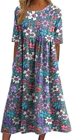 Boho Sundresses for Women Trendy Short Sleeve Crew Neck Floral Casual Plus Size Dress
