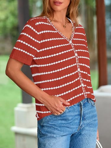 Image of NALANISA Women's Short Sleeve Sweater Spring Summer Crochet Knit Tops 2026 V Neck Striped Button Down Dressy Casual Blouses