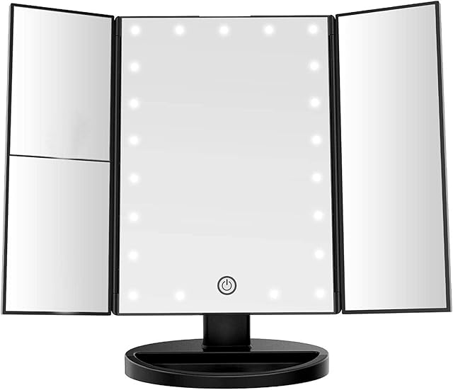 22 LED Makeup Mirror With Lights - Vanity Mirror Touch Screen Illuminated for Makeup - Tri-Fold 1x 2x 3x Magnification Cosmetics Magnifying Portable Light Up Mirror