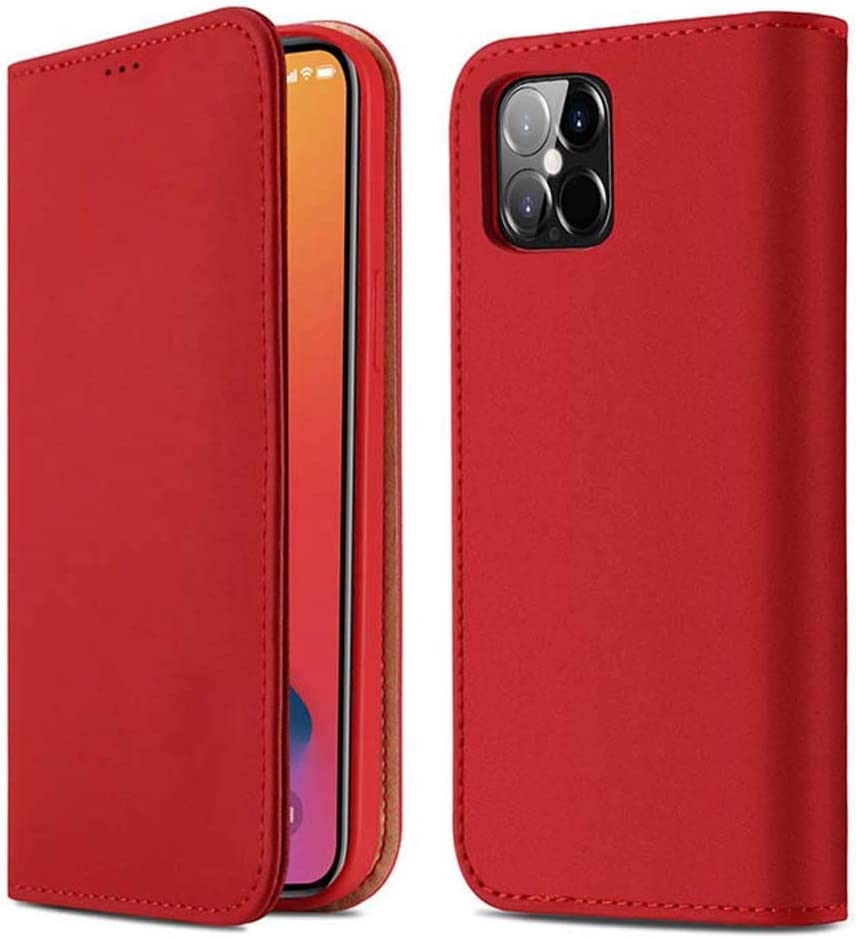 Funda magnética iPhone 12 Pro de cuero rojo para viajar ligero con tarjetas