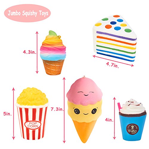 Slow Rising Jumbo Squishies Set Pack Of 7 - Rainbow Triangle Cake, Frappuccino, Popcorn, Donuts X2 & Ice Cream X2, Kawaii Squishy Toys Or Stress Relief Toys Sticker Come With The Squishys #TOP3