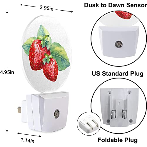 Image of Nightlight Watercolor Strawberry with Fresh Green Leaf Night Lights Plug into Wall Dusk to Dawn Sensor Round Night Light for Adults Boys Girls, 0.5W Energy Efficient