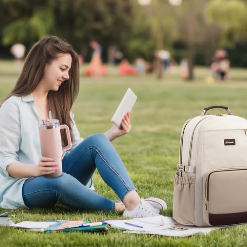 Image of LOVEVOOK Laptop Backpack for Women with Pouch Pocket for Large Capacity Cup,18 Inch Laptop Computer Bag Travel Backpack Purse,Waterproof Work Business College Teacher Backpack,Beige-Nude-Logam Plum