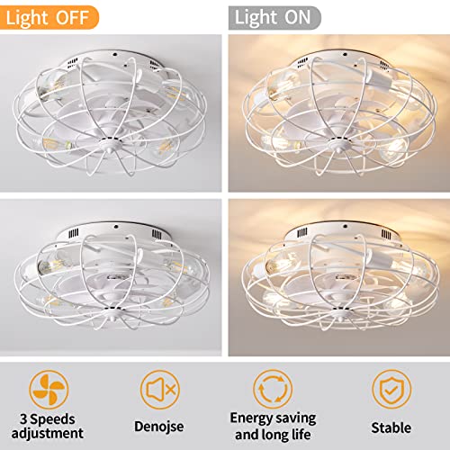 Emikirii Recessed Remote Control Ceiling Fan With Light, Industrial White Ceiling Fan, 3 Speed Reversible Motor, Suitable For Living Room, Bedroom, Church, Etc #TOP4