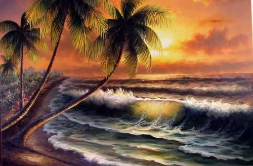 100% Hand Painted Canvas Oil Painting, Hawaii Sunset Beach Surf Palms Ocean Oil Painting