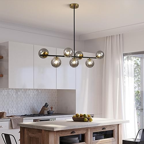 Image of KCO 7-Light Mid Century Modern Black Brass Gold Linear Sputnik Chandelier | E26 Bulb Included, 5.9 inch Canopy, Adjustable Height, 5.9 inch Smoke Glass Globe Pendant Light for Sloped Ceiling Dining Room Table