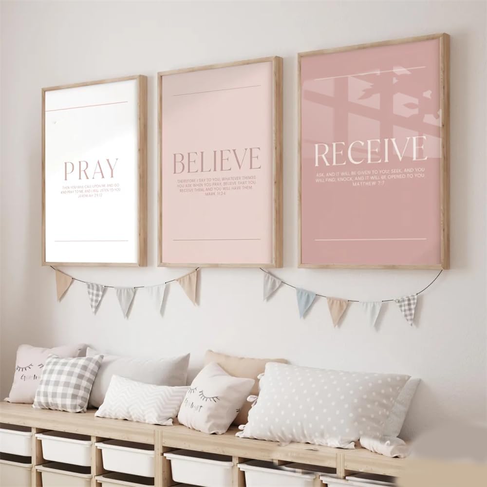 3 Pieces Pray Believe Receive Poster Blush Minimalist Scripture Prints Wall Art Canvas Painting Framed Artwork for Living Room Office Decoration with Inner Frame