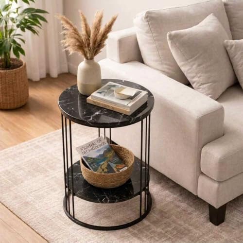 Image of Coffee Table /End Table /Center Table /Sofa Side Table /BedsideTable /nightstand for Living Room Bedroom Balcony Table with Marble Design Wooden Top Full Black