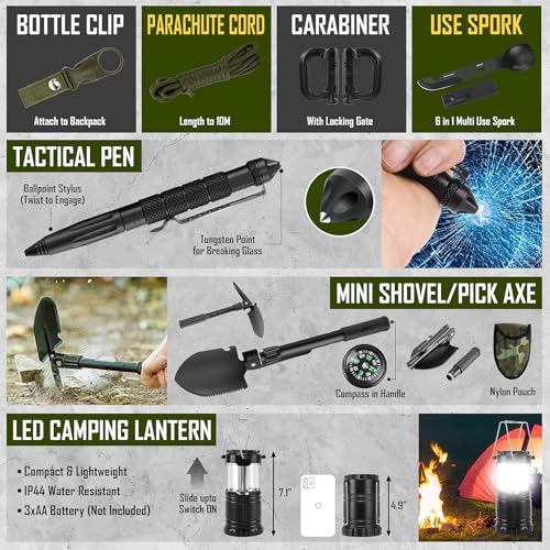 Survival Kit, 268 Pcs Emergency Survival Gear and Equipment Supplies with First Aid Kit, Camping Axe, Headlamp, Crossbody Bag for Camping Hiking, Hunting, Gift for Christmas Men, Dads, Black Como - Image 6