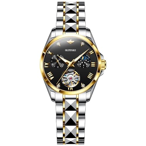 Oupinke Womens For Watches Luxury Automatic Mechanical Fashion Watches For Women Moon Phase Multifunction Tungsten Steel Strap Crystal Skeleton Luminous Waterproof Women Watch Black #TOP5