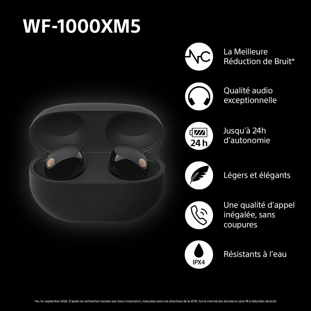 Sony WF-1000XM5 écouteurs sans Fil à réduction de Bruit, Bluetooth, Intra-Auriculaires avec Micro, 36 Heures d'autonomie, Charge Rapide, IPX4, Compatible iOS et Android - Noir