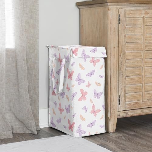 Image of Sweet Jojo Designs Laundry Hamper (Pink /Purple Shabby Chic Butterfly) for Girls, Foldable Dirty Clothes Basket with Handles for Baby Nursery, Kids Bedroom, Teen Bathroom (Colorful, Watercolor Pattern)
