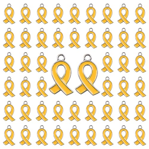 WANDIC 50 Pcs Gold Ribbon Pendants, Metal Childhood Cancer Awareness Pendants Cancer Awareness Day Ribbon Charms for Necklace Earrings Making