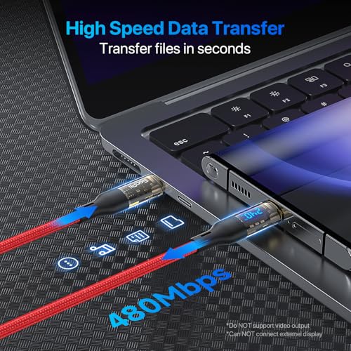 Image of SOOPII USB C to USB C Cable [240W 10ft],Fast Charging USB C Cable with LED Display for MacBook Pro,lPhone16 /15 /15Pro /15ProMax,Galaxy S23+ /S23 Ultra /S22 Ultra,etc.,Transparent Shell,(Red)