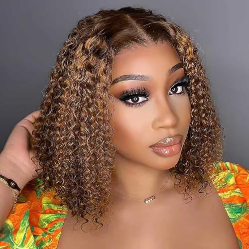 wigklee Curly Bob Wig Human Hair 200 Density Highlight 13x4