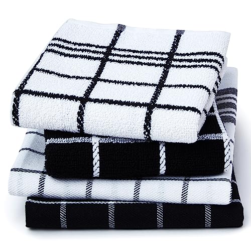 Image of Encasa XO Kitchen Towels and Dish Cloths Sets | Black Non-Terry+Terry Highly Absorbent Cotton Terry Towels | 70x45 cm | Multipurpose for Washing Dishes and Cleaning Pack of 4