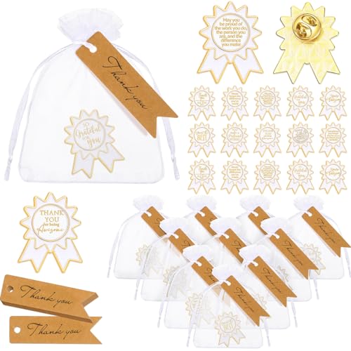 Image of Sasylvia 30 Set Employee Appreciation Gifts Badge Shaped Brooch Employee of The Month Pin with Thank You Card Organza Bag Cute Medal Award Lapel Pins for Vet Tech Staffs Coworkers Team Thank You Gifts