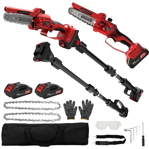 Élagueuse sans fil 2 en 1 et mini tronçonneuse de 15,2 cm avec 2 batteries et 2 chaînes, portée maximale jusqu'à 4,5 m, scie à élaguer sans balais pour couper du bois et l'entretien des arbres