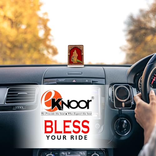 Image of Eknoor Wooden Mahal Velvet Murugan Kartikeya Ji Car Dashboard Frame | Gold-plated Murugan Kartikeya Ji foil on antique wooden mahal arch frame with red velvet backdrop - car, desk, puja ghar