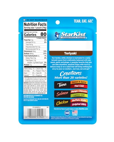 Image of StarKist Chicken Creations Teriyaki, 2.6oz Pouch, 12-Pack | 11g Protein Per Serving, Fully Cooked White Meat, No Draining, Ready to Eat for Salad and Sandwiches