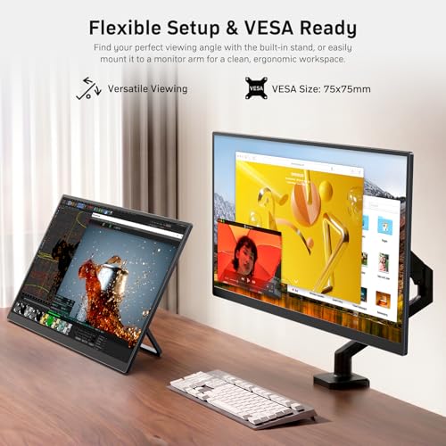 Image of MNN Portable Monitor 23.8 inch 100Hz 1080P IPS, Ultra Slim Metal Body with Built-in Kickstand & Dual Speakers, USB-C HDMI External Display for Laptop PC Phone PS5 Xbox Switch, Home Office Gaming Monitor