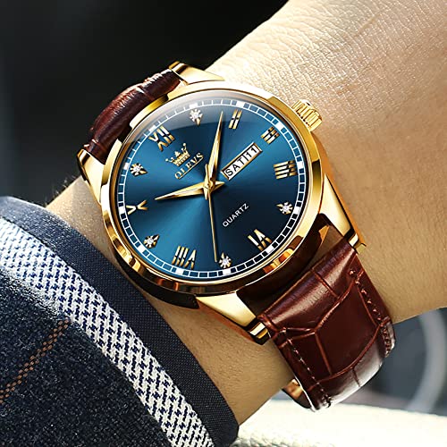 Image of OLEVS Amazon Watches,Brown Leather Watch for Men,Men Day Date Watch,Men's Luminous Watch,Dress Watch for Men,Rose Gold Watch for Men,Men's Fashion Quartz Watch,Waterproof Brown Man Watches, Brown