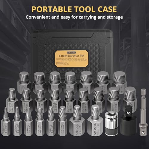 Image of AMTOVL 27PCS Screw Extractor Set - with Adapter Hex Head Multi-Spline Easy Out Bolt Extractor Tool, 1 /2 inch 3 /8 inch Inch Drive Hex Head