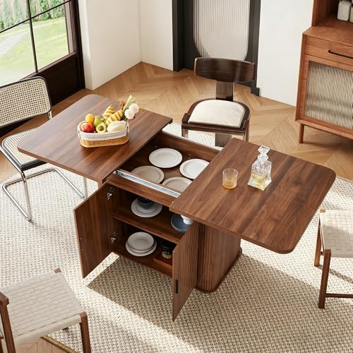 Image of weselon 55 inch-71 inch Extendable Dining Table with Storage, Expandable Kitchen Table for 4-6, Space Saving Dining Room Table with Hidden Storage Cabinet, Adjustable Shelves & Fluted Base (Walnut)