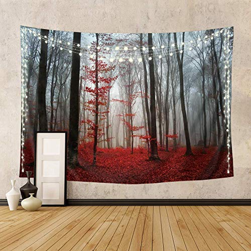 Riyidecor Red Forest Tapestry 91Wx71H Inch Gothic Mysterious Rainy Foggy Nature Scene Burgundy Black Tree Leaf Modern Autumn Wall Hanging Bedroom Living Room #TOP1