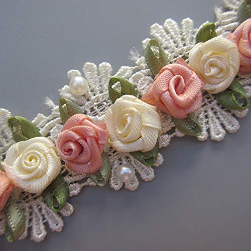 1 Yard Pearl Bead Flower Lace Trim Ribbon Scalloped Zigzag Edge 3.7Cm Width Vintage Apricot Edging Eyelash Trimming Fabric Embroidered Applique Sewing Craft Wedding Bridal Dress Clothes Headband Diy #TOP4