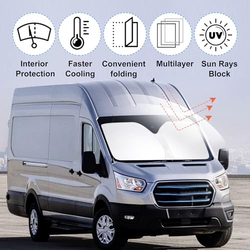 Image of Windshield Sun Shade Custom Fit for 2022 2023 2024 2025 2026 Ford E-Transit Accessories Foldable Sunshade Sun Blocker Protect Car from Sun Rays & Heat Damage Keep Car Cooler