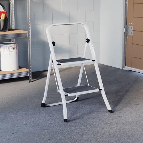 Home Vida 2 Step Ladder - Heavy Duty Steel Folding Ladder with Slip-Resistant and Wide Steps, Folding Mechanism, 150kg Max Load, Home/Kitchen/DIY/Garden Use, White - Image 7
