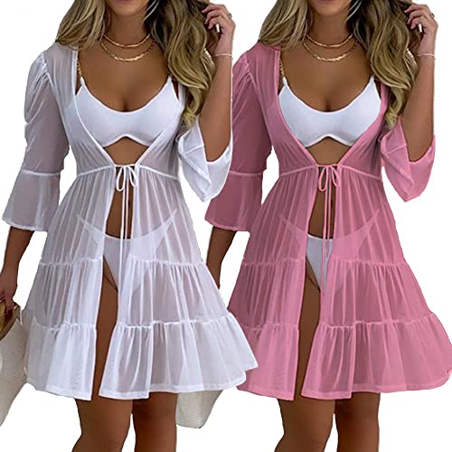 Kit 2 Saída de Praia Kimono Curto Aberta de Amarrar Manga Feminina - Branco/Rosa/G