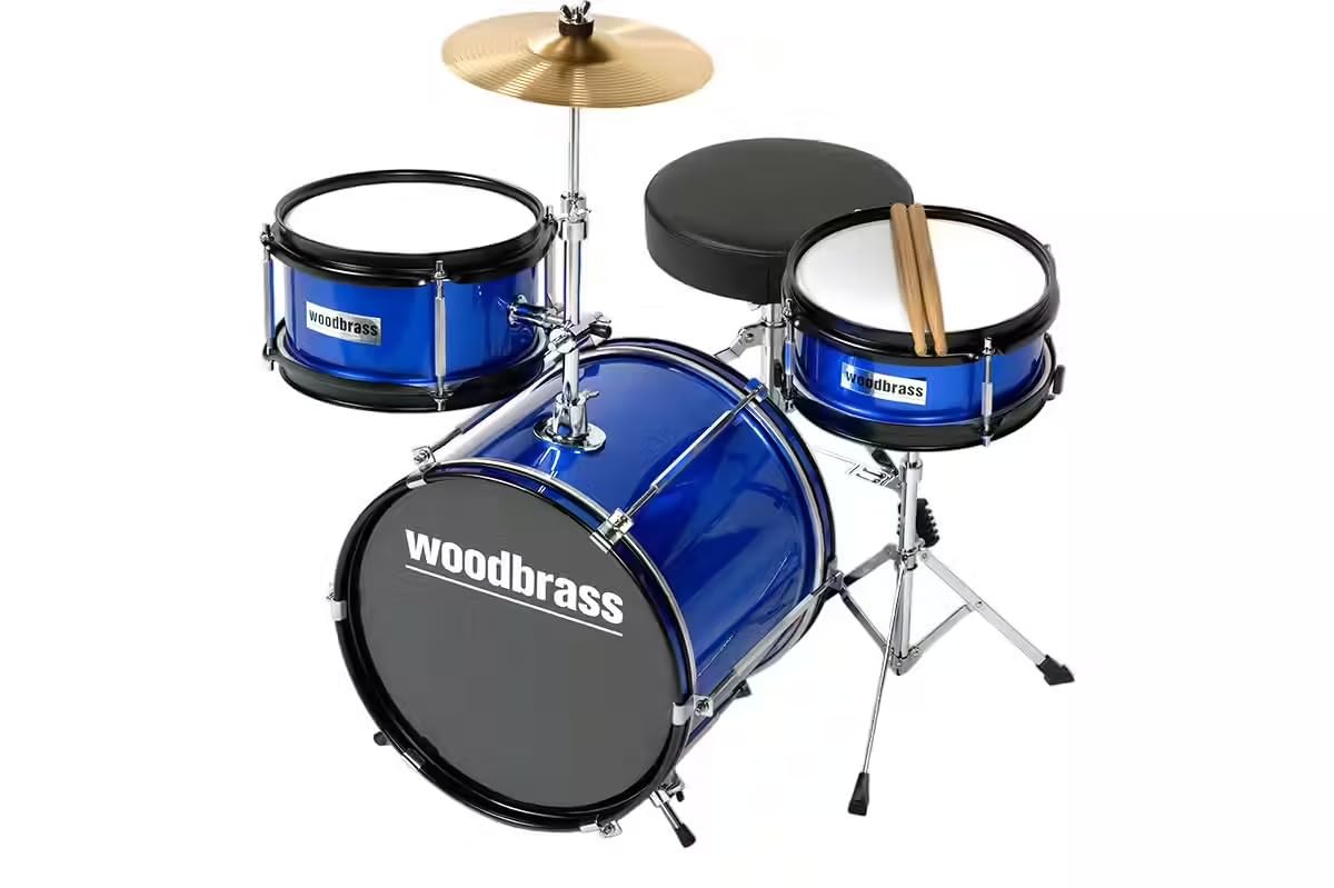WOODBRASS DSJ90B - Batería infantil completa de 3 años, mini kit de batería acústica junior con asiento, pedal, platillo, 8 pulgadas, Tom y caja clara, batería infantil principiante, color azul