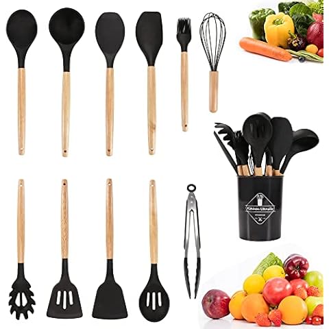 LIFVCNT 12 Pcs Silicone Kitchen Utensils Set Wood Handle, Kitchen Cooking Utensils Set Dishwasher Safe, Heat Resistant Kitchen Utensils for Cooking Kitchen Gadgets Tools Set for Nonstick Cookware Cover