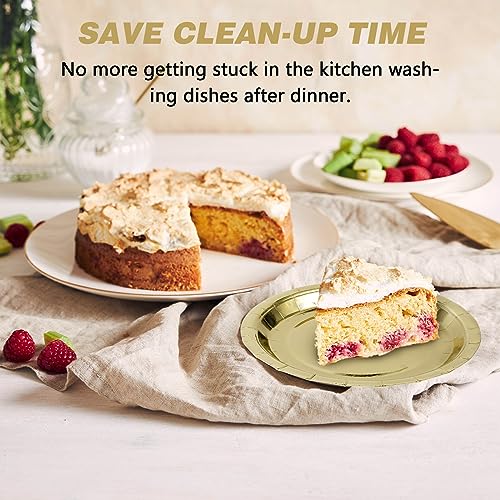 Image of Gold Disposable Paper Plates, 7 Inch Dessert Cake Plates, 50 Count Bulk