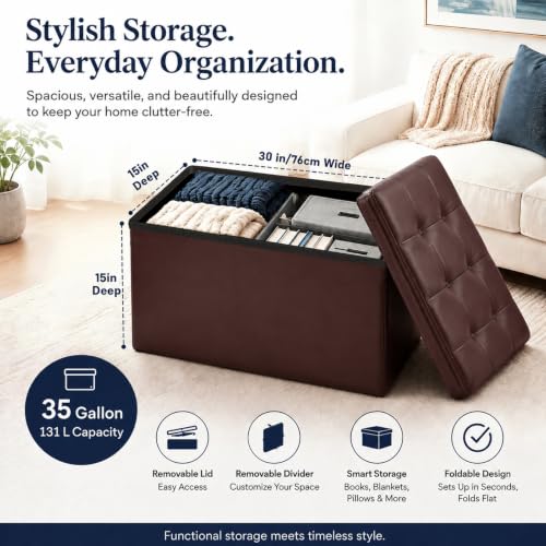 Image of ALASDO 30 Inch Folding Storage Ottoman Bench with Hidden Storage, PU Leather Ottoman Foot Rest Stool, End of Bed Bench for Bedroom, Living Room, Entryway and Closet, Brown