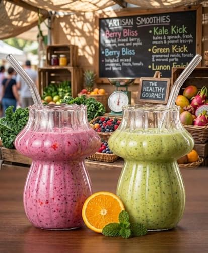 Image of Mushroom Shaped Glass Tumbler with Straw, Ribbed Glass for Juices, Milkshakes, Cold Coffee, Smoothie etc and Other Beverages Pack of 2