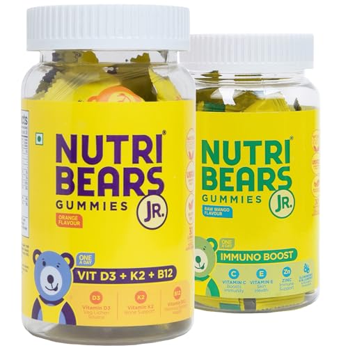 Image of NutriBears Kids Vitamin D and Immne Gummies for Kids and Teens, Combo Pack of 60 Gummy Chewables, Lemon and Raw Mango Flavour, Natural Gelatin Free Vegetarian Supplement for Strong Bones and Immunity