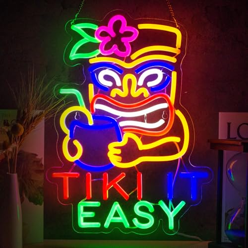 Tiki Bar Neon Sign Tiki it Easy Neon Sign for Wall Decor Tiki Cocktail USB Dimmable LED Neon Lights for Beer Bar Kitchen Restaurant Home Pub Party Man Cave Club Shops Hotel Store Business Gift