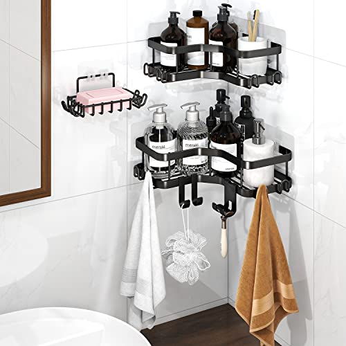 Biukpci 4 Pack Corner Shower Caddy,Shower Organizer,Adhesive Stainless Steel Bathroom Shelf With Soap Dish Holder And 15 Hooks,No Drilling #TOP2