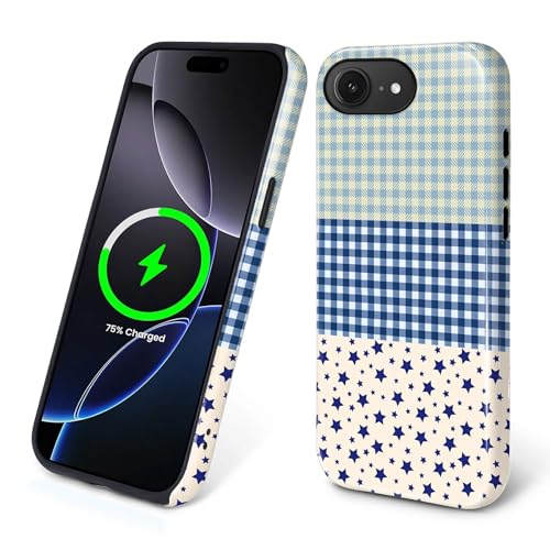 Goodsprout for iPhone 16e Cases,Campatible with Magsafe,2-Layer Hard Shell + Silicone Cover - Shockproof Protection, High-end and Fashionable Phone Case Three-Color Pattern Blue Checkered Stars